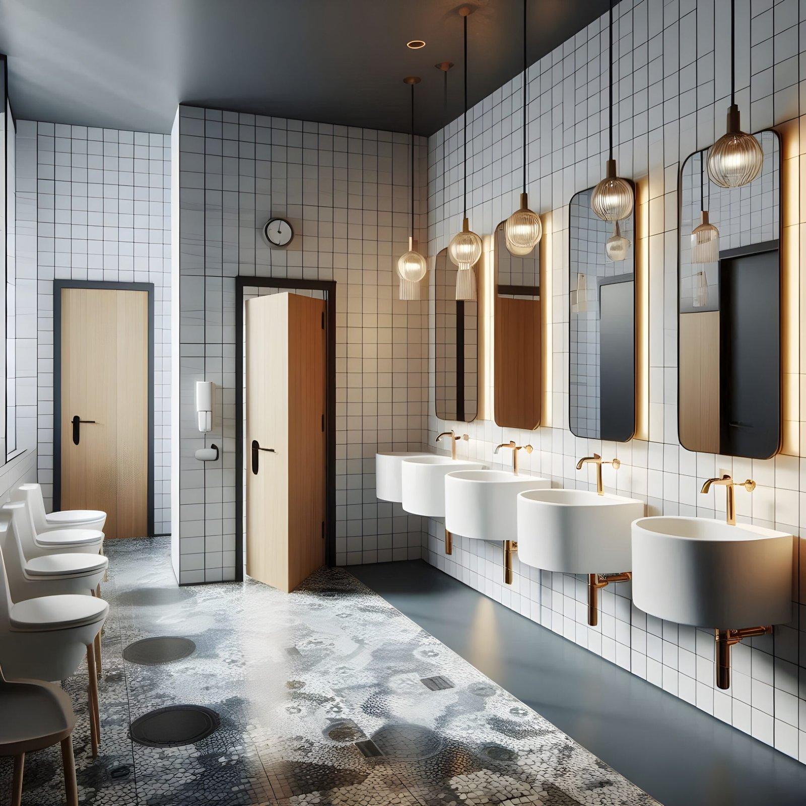 Bathroom with row sinks clock it scaled