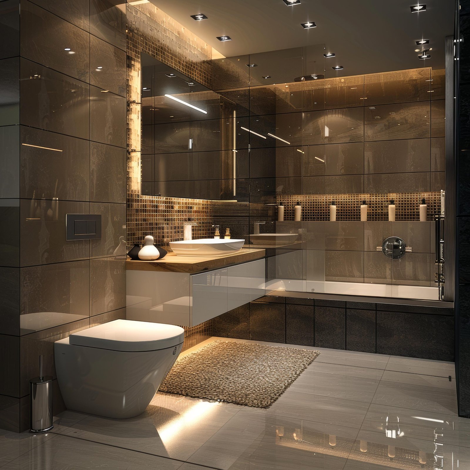 Luxury bathroom interior with dark marble tiles freestanding bathtub backlit mirror scaled